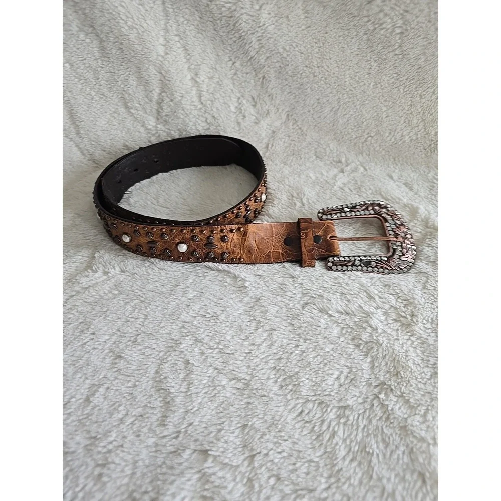 Roper Bling Gems Pearl Studded Brown Western Braided Rose Gold Buckle Belt Rodeo